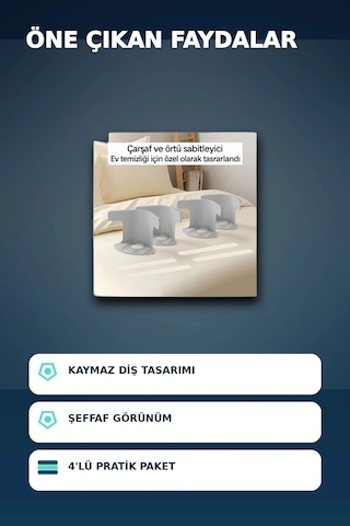 4'lü Şeffaf Çarşaf Ve Yorgan Sabitleyici Kaymaz Dişli Tasarım, Ev Temizliği İçin Pratik Çözüm Açık Indigo