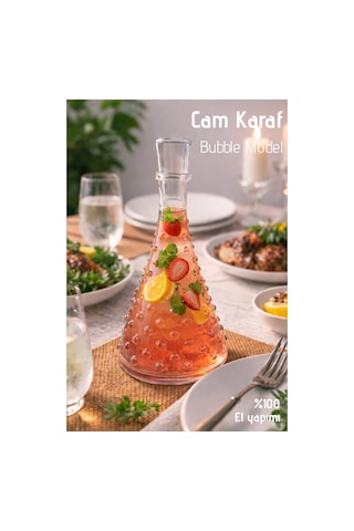 El Yapımı Cam, Bubble Model Kapaklı Sürahi - 1lt. Cam Sürahi