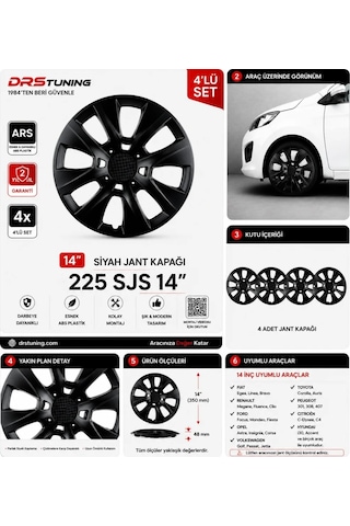 Hyundai Uyumlu 14 Inc Kırılmaz Parlak Siyah Jant Kapağı 1 Takım 4 Adet No:225