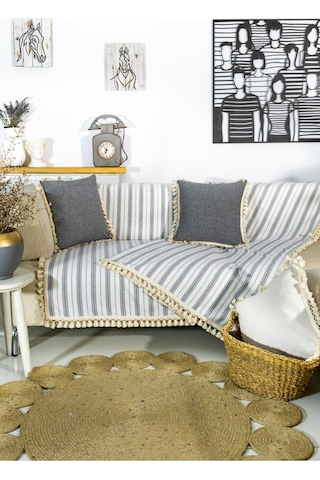 Dnc Home Tekstil Ndchome Gri Çizgili Otantik Keten Koltuk Örtüsü
