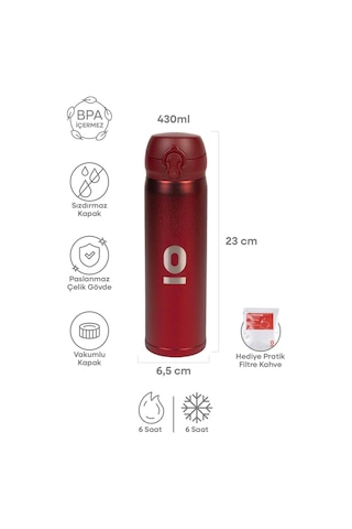 Kırmızı Dokulu Paslanmaz Çelik Termos 430 ML Kapaklı No:105