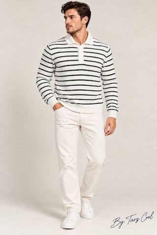 Cool Tarz Erkek Çizgili Polo Yaka Triko Kazak Slim Fit Uzun Kollu Pamuk Akrilik Karışımlı Beyaz Beyaz