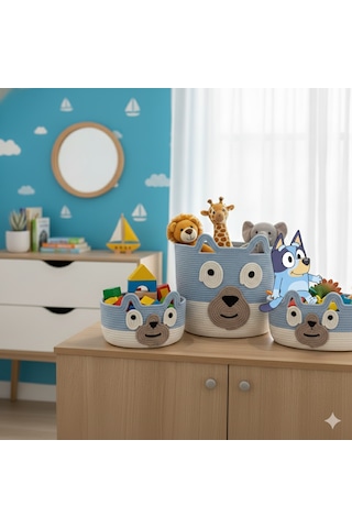 Bluey Orgnizer Sepet Takımı Çocuk Odası Kordon İpten Açık Mavi