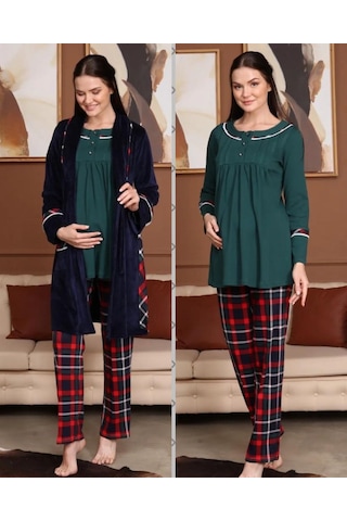 Birolgaye Bone Club 5710 Kadife Hamile Lohusa 3 Lü Pijama Sabahlık Tk
