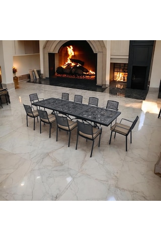 Queen 10 Kişilik Döküm Bahçe Masa Takımı Dayanıklı Dış Mekan Mobilyası Siyah