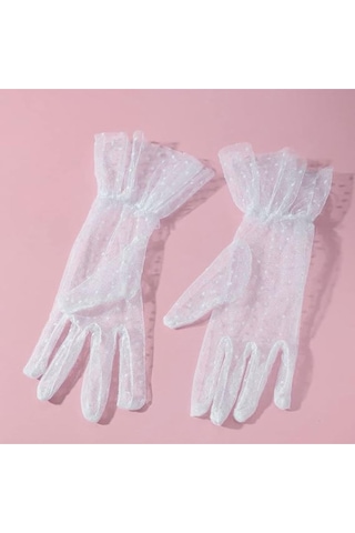Güpürlü Tüllü Puantiyeli Şeffaf Parti Kostüm Kına Düğün & Gelin Eldiveni Beyaz Çok Renkli