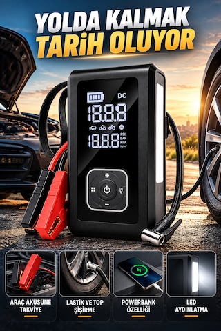 Akü Takviye Cihazı Ve Dijital Lastik Şişirme Kompresörü 10000 Mah 150 Psı 5 Fonksiyonlu Powerbank Led Fener