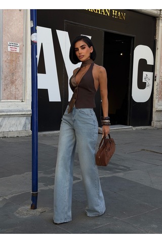 Meecy Kadın Mavi Yüksek Bel Wide Leg Düz Kesim Jean Pantolon Mavi&tint Mavi&Tint