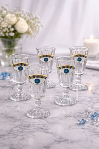 6 Lı Kristal Cam Kahve Yanı Bardağı Nazar Göz Bardak Flüt 75ml Şeffaf
