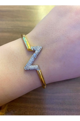 Kadın Gold Renk Taşlı Zikzak Model Çelik Bilezik Gold
