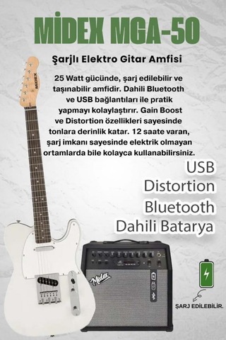 Midex Tlx-50wh-50amp Tele Kasa Gül Klavye 2 Single-coil 50w Amfili Elektro Gitar