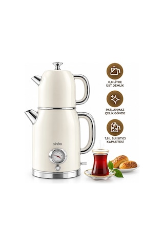 Krem Elektrikli Cam Demlikli Plastik Retro Çay Seti Çaycı Derece Göstergeli 1600w 1.8lt - 1lt Stm-5849 Bx40