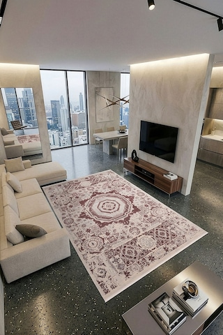 İpeksi Ip026l Gri Bordo Klasik Göbekli Modern Desen Pamuk Taban Salon Mutfak Halısı Tozu Yok Grı-bordo