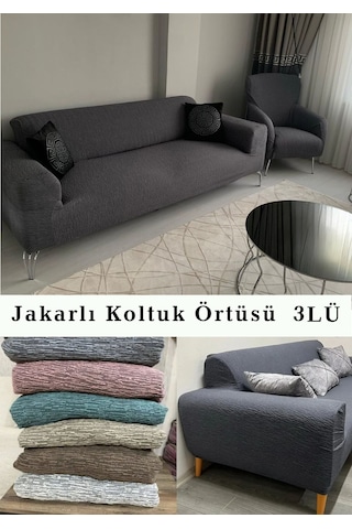 StarMall Jakarlı Çubuk Desen Koltuk Örtüsü Koltuk Kılıfı Lastikli Esnek Yıkanabilir 3Lü Bir Adet Antrasit