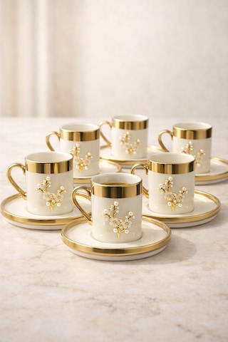6 Kişilik Lüks Beyaz Gold Yaldızlı İnci Lotus Kahve Fincan Takımı Seti 100ml Altın - Beyaz