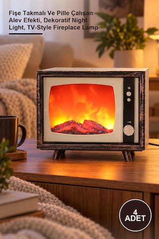 4 Adet Tv Tasarımlı Ledli Şömine Lamba Fişe Takmalı Ve Pille Çalışan Alev Efekti, Dekoratif Night Light, Tv-style Fireplace Lamp