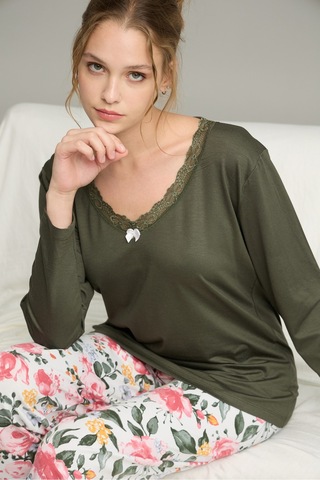 Siyah İnci Örme Pamuklu Pijama Takım25240204 Yeşil