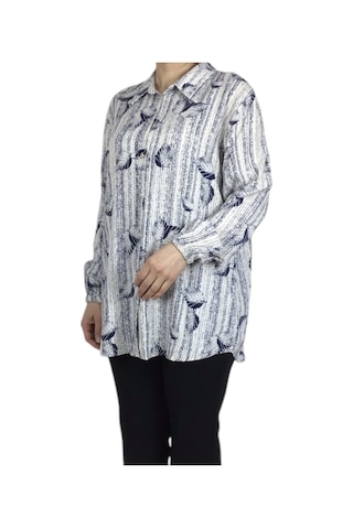 Kadın Önü Düğmeli Kolağzı Lastikli Desenli Gömlek Lacivert