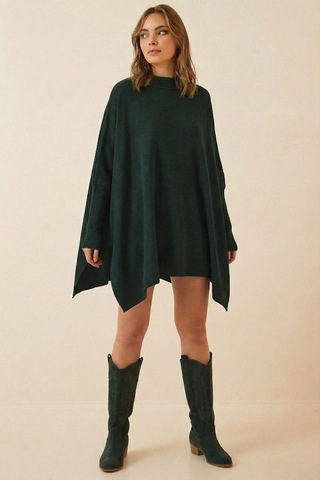 Onno Style Women Düz Triko Standart Panço Yeşil