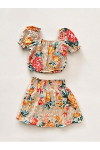 Zekids Kız Çocuk Çiçekli Etekli Takım-14497 Bej