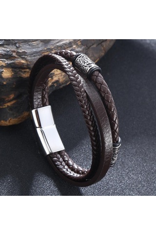 Erkek Kadın Çok Katmanlı Moda Örgülü Deri Bileklikler Paslanmaz Çelik Tokalı Kurukafa Bilezik Hediyeler Kahverengi