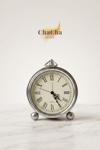 Chacha Home Serene Bell Vintage Metal Çalar Saat & Premium Masaüstü Dekoratif Obje 16x14 Cm Gümüş