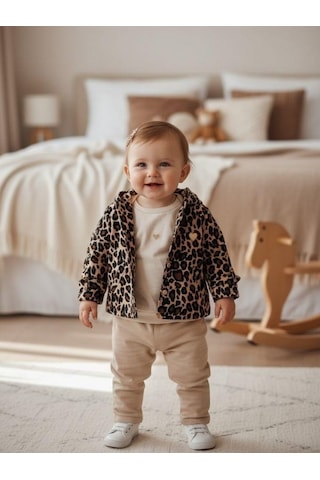 Zekids Kız Çocuk Leopar Desenli Ceketli 3'lü Takım-16376 Çok Renkli