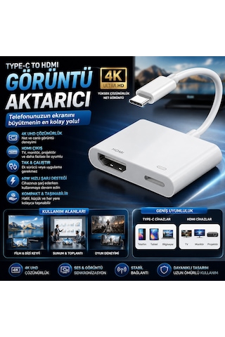 Type-c To Hdmı Görüntü Aktarım Kablosu 4k Destekli Apple iPhone Uyumlu Apple İpad Uyumlu Android Tüm Cihazlar İle