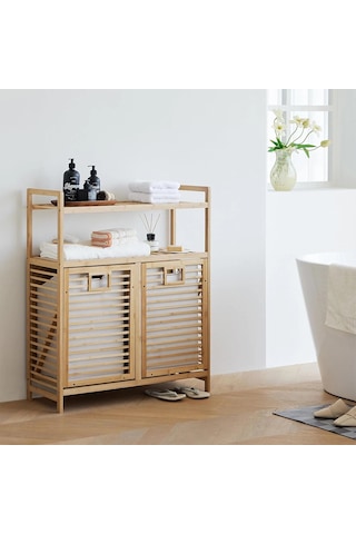 Kirli 2 Kat Organizer Raflı - 2 Bölmeli Önden Çek Aç Kalın Ahşap Bambu Kirli Çamaşır Sepeti 80x33x87cm Bx40 Çok Renkli