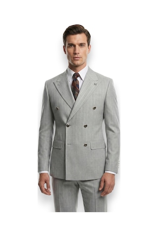 Hermose Prestige Buz Grisi Çizgili Metal Düğmeli Kruvaze Takım Elbise Gri