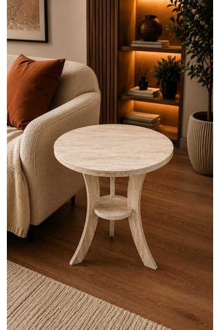 Fiskos Traverten Desen Mdf Ayak Yan Sehpa 50 Cm Çap - 60 Cm Yükseklik Modern Zigon Yan Sehpa Traverten Kumtaşı - Traverten