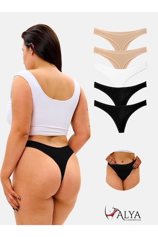Alya Underwear Kadın Pamuklu Tanga Külot - 2 Siyah, 1 Beyaz, 2 Ten S, M, L, Xl, 2xl - 5 Adet Renkli P02