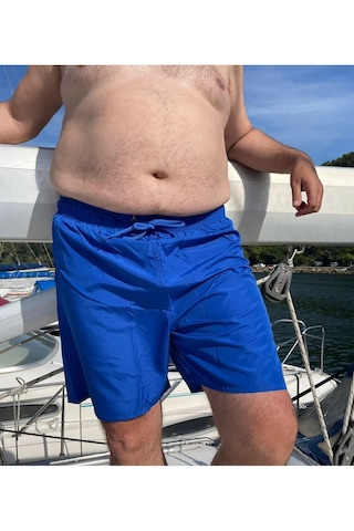 Miami Beach Erkek Büyük Beden Saks Mavi Hızlı Kuruyan Kumaş Tek Arka Cepli Standart Boy Mayo Deniz Şortu Saks Mavi