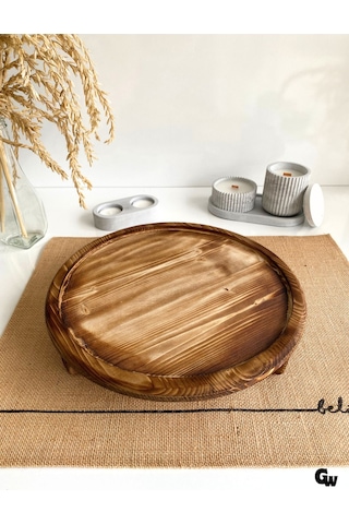 Yuvarlak Doğal Ahşap Sunum Tabağı Ayaklı Çukur Ahşap Sunumluk Beyaz Çam Çap:28cm Yük:6,5cm