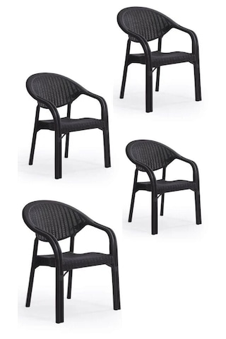 4 Adet Bambu Pro+ Çift Ayak Rattan Desenli Kollu Sandalye Koltuk