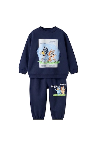Ponki Lacivert Bluey Ve Bingo Baskılı Pamuk Eşofman Takımı