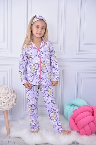 Lillypicca Kız Çocuk Desenli Pamuklu Önden Düğmeli Göz Bantlı Uzun Kol Pijama Takımı 9030 Lila