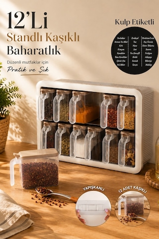 Porsima Simple 1167 Random 12'li Standlı Kendinden Yapışkanlı Kaşıklı Kapaklı Baharatlık Saklama Kabı Seti - Cappuccino Beyaz Cappuccino - Beyaz