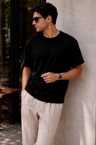 Bbbutikbasic Erkek Oversize Basic Bisiklet Yaka Pamuklu Tişört My3535 Siyah