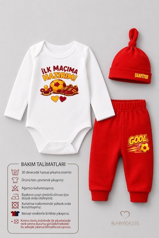 Babyden's Bebek 3'lü Takım Sarı Kırmızı Taraftar Temalı Uzun Kol %100 Pamuk Yenidoğan Seti İlk Maçıma Hazırım