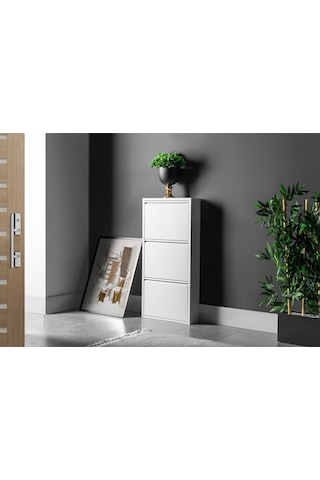 3 Raflı Metal Ayakkabılık Beyaz Metal Ayakkabı Dolabı Rehome