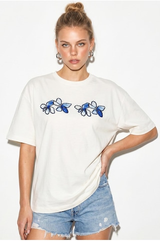 Shade Kadın Bisiklet Yaka Taş Baskı Detaylı Oversize Pamuklu T-shirt Öt100013 60286272 - Beyaz-mavi Beyaz - Mavi