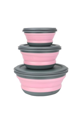 3 Adet / Takım Silikon Katlanır Öğle Yemeği Kutusu Kapaklı Taşınabilir Piknik Kamp Kase Set Mutfak Sofra Kiti Katlanabilir Meyve Salatası Kase Öğle Yemeği Kutuları Pembe 2