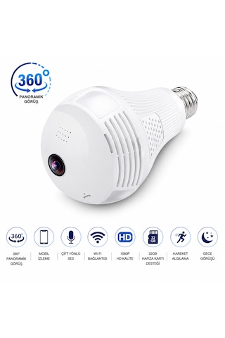 360 Panoramik Ampul Kamera E27 Duy Girişli Led Wifi Ip Kamera V380 Pro Türkçe Uygulama Destekli