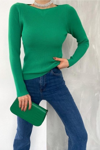 Femelle Kadın Yeşil Standart Beden Basic Yaka Detaylı Fitilli Örme Bluz