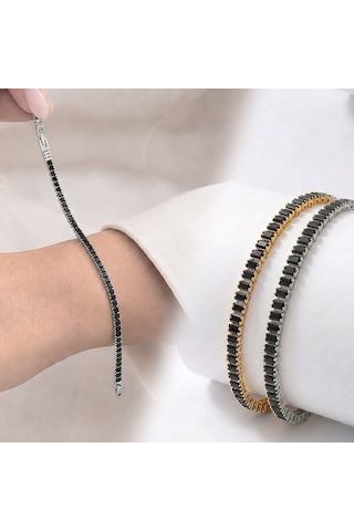 Premium Parlak 4mm Siyah Zirkon Taş Su Yolu Kadın Bijuteri Bileklik 3183kbv4d5 18cm Gümüş Renk Gümüş - Siyah