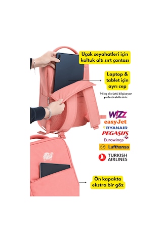 Jet Turtle Seyahat Sırt Çantası 40cm 40x25x15 Cm Pegasus, Wizz Air, Ryanair, El Valizi Koltuk Altı Valizi Somon