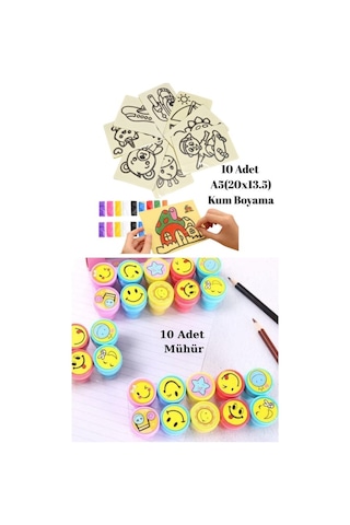 Nostaljik Oyuncak Mühür Istampa 10 Adet + Kum Boyama Seti 10 Adet A5 Boyutunda 20x13,5 Cm