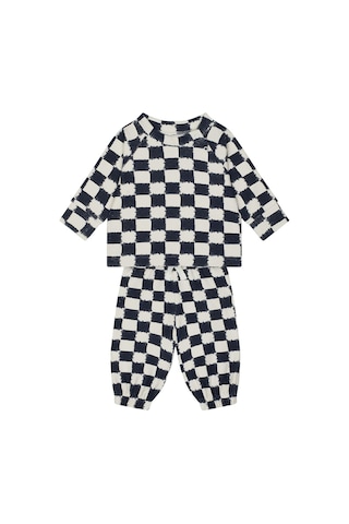 Antebies Organik Gots Sertifikalı Antrasit Kare Desenli, Omuzdan Çıtçıtlı, Raglan Kollu, Uzun Kollu Ribanalı Sweatshirt, Bel Lastikli Bağcıklı Pantolonlu Bebek Takımı Gri
