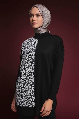 Armine Trend Leopar Desenli Balıkçı Yaka Triko Tunik Siyah 25ytd4110 Siyah